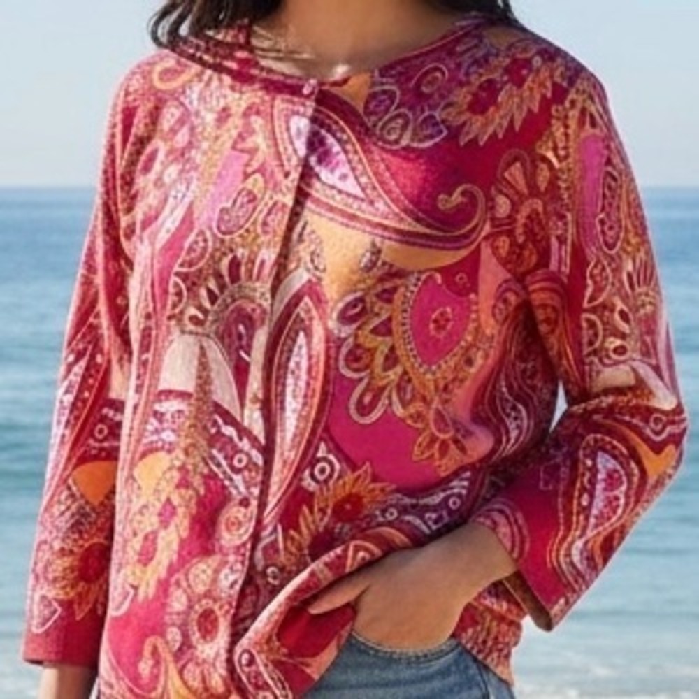 Talbots Womens Pink Orange Paisley Cardigan Sweater 3/4 Sleeve Size M Coastal